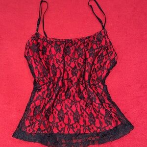 Vintage 90’s/ Y2K Red Floral Black Lace Cami Top